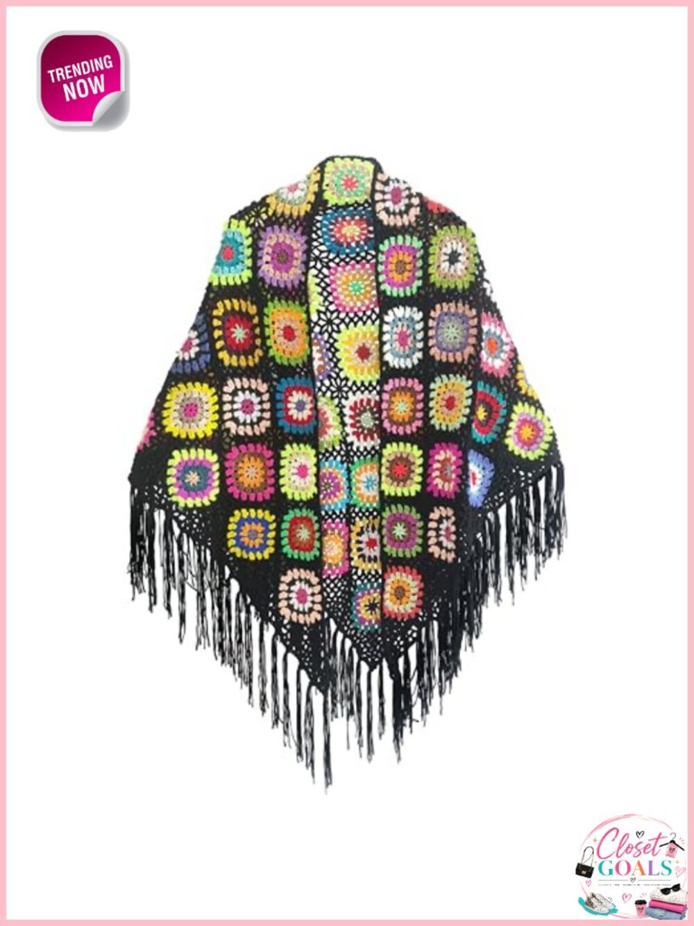 Handmade Crochet Granny Square Fringed Poncho Cape Shawl Wrap